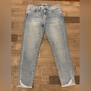 7 For All Mankind Ankle Skinny Jeans Light Blue Frayed Curved Hem, Size 29